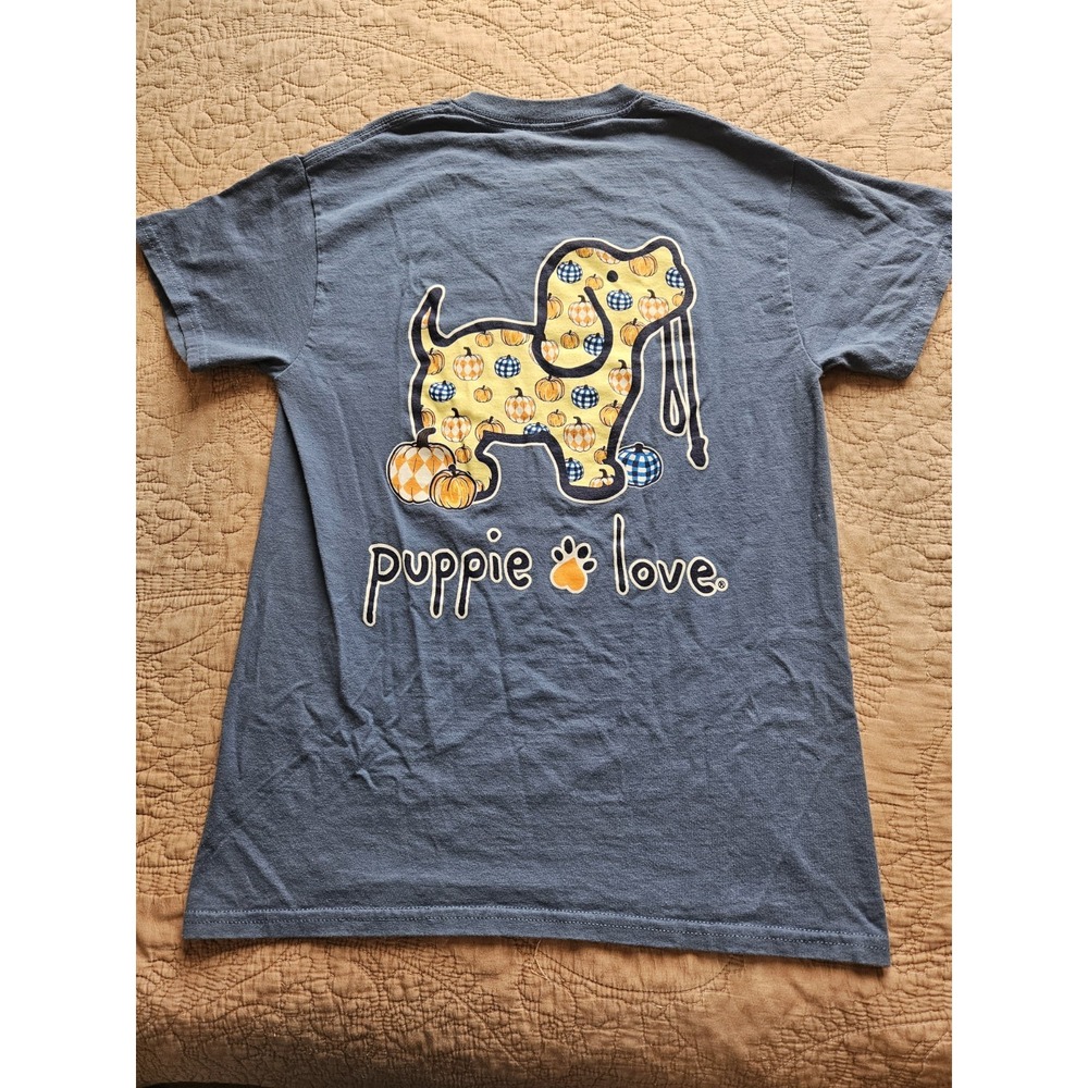Puppie Love Women's Blue Cotton Short Sleeve Fall Pumpkin Graphic T-Shirt, Small - Picture 5 of 5